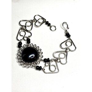 Silver & Black Stone Heart Link Bracelet With Box